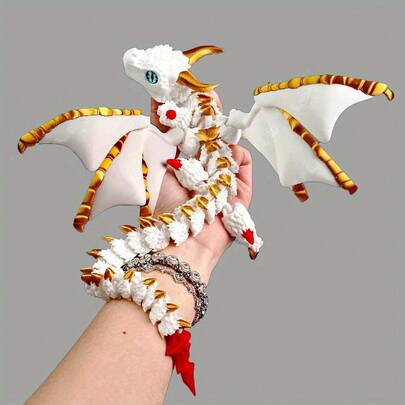 1/3/5pcs 22cm/8.66inch 3D Printed Pterosaur Model, Dragon Figurine, Featuring White And Gold Scales, Flexible Bat-Like Outstretched Wings, And Lively Eyes. Made Of Durable Plastic, This Fantasy Collectible Is A Perfect Indoor Home Or Office Desktop Decoration, And An Ideal Birthday Gift.