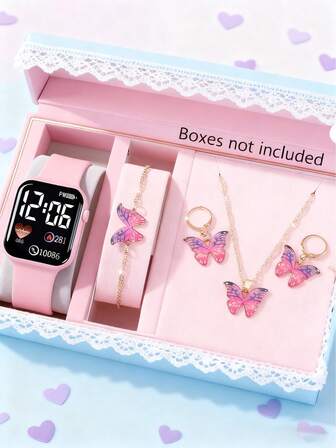 5/1 pieza Reloj electrónico de moda elegante y lindo con pantalla digital cuadrada para niñas, reloj de estilo simple y elegante para adolescentes, y set de joyería con mariposa (collar, aretes, pulsera), regalo ideal para el cumpleaños de adolescentes, set de regalo para volver a la escuela, fiestas, viajes, temporada de graduación