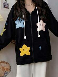 هودي فضفاض للشارع، كم طويل مطبوع، سحاب وسحاب للسيدات، طراز Y2K