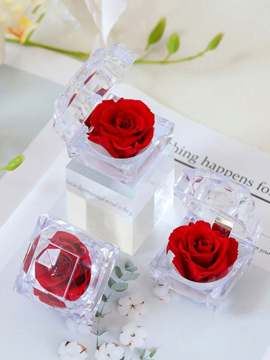 1支亚克力永生玫瑰浪漫礼物，透明玫瑰戒指盒，求婚戒指盒，珠宝收纳盒，情人节礼物，化妆间装饰，房间装饰