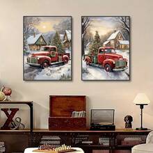 لوحتان على قماش، فن حديث، لوحة قماشية لعيد الميلاد، ملصق سيارة حمراء صغيرة مع شجرة عيد الميلاد، هدية مثالية لغرفة النوم وغرفة المعيشة والممر، فن الحائط، ديكور الحائط، ديكور الخريف، ديكور الغرفة، بدون إطار 50 * 70 سم / 19.68 * 27.55 بوصة