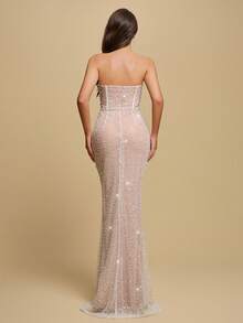 新款优雅无肩带珍珠礼服，奢华收腰长裙，适合圣诞节、新年、毕业典礼、订婚和婚礼等正式场合。 - 白色 - 查看 2