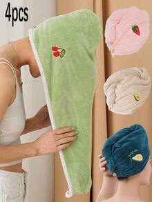 1/2/3/4pcs Coral Fleece Embroidered Fruit Design Hair Towel Wrap, Absorbent & Soft, Girly Style, For Women - Green - View 19