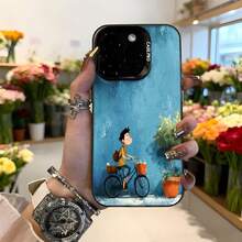 Cubierta de teléfono con diseño de dibujos animados azul con niño en bicicleta y macetas para uso diario Aplicable a los teléfonos de la serie Apple y Galaxy - Blanco - Ver 3