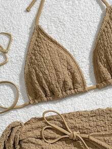 三件套女士比基尼泳衣套装，性感比基尼泳装，纹理面料吊带背心和纱笼裙，适合海滩度假，春夏款 - 駝色 - 查看 4