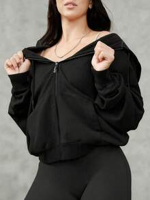 1pc Women's Hooded Zip-Up Cardigan, Minimalist Solid Color Short Style, Casual For Daily Wear, Suitable For Spring/Autumn - 黑色 - 查看 2