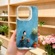 Cubierta de teléfono con diseño de dibujos animados azul con niño en bicicleta y macetas para uso diario Aplicable a los teléfonos de la serie Apple y Galaxy - Blanco - Ver 5