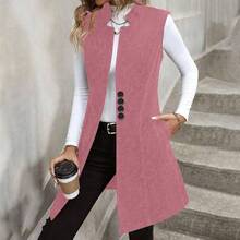 Chaleco largo de lana para mujer, chaqueta sin mangas, abrigo de otoo e invierno, con botones, para negocios, casual, con bolsillos - A1- rocío + M - Ver 4