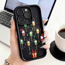 Funda para teléfono con diseño de copas de vino navideñas negra con estampado de copas de vino con sombreros de Santa y adornos navideños regalo perfecto para la temporada festivaCompatible with  16 Pro Max/16 Plus/16 Pro/16/15 Pro Max/15 Plus/15 Pro/15/14 Pro Max/14 Plus/14 Pro/14/13 Pro Max/13 Pro/13/12 Pro Max/12 Pro/12/11 Pro Max/11 Pro/11/XS Max/XR/X/7 Plus/7 TPU Drop-Proof and Stain-Resistant Protective Soft Case - Café integral - Ver 1