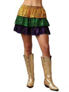 Women  Gras Sequin Mini Skirts Ruffled Sparkly Colorful Short Skirts High Waist Shiny Glitter Carnival Skirt Purple - 黃色 - 查看 6
