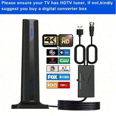 A Small And Portable Indoor TV Antenna With A Reception Range Of Over 420 Miles. It Is A High-Definition TV Antenna, Compatible With 4K Full HD. Equipped With The Best Power Amplifier And Signal Booster, It Is Suitable For 16-Foot Coaxial Cables And Applicable To Both Smart TVs And Old-Fashioned TVs.