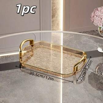 1 pieza Bandeja transparente elegante de plástico tipo vidrio con ribete dorado - Bandeja rectangular moderna de uso múltiple y de alta resistencia con esquinas redondeadas, adecuada para el hogar, restaurante y fiestas - Bandeja decorativa para exhibición y almacenamiento de alimentos, postres, frutas, bocadillos y pasteles - Superficie duradera y fácil de limpiar, adecuada para uso formal y diario - Bandeja elegante con asas doradas y base transparente, bandeja de servir con asas