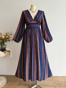 Đầm dáng rộng phong cách Bohemian cổ điển kẻ sọc cổ chữ V thắt eo, đầm thường ngày thanh lịch cho kỳ nghỉ. - Nhiều màu - Xem 5