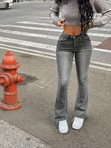 女式秋季度假风格休闲破洞紧身喇叭牛仔裤 - 灰色 - 查看 2