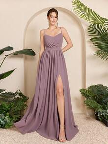 Đầm maxi chiffon xếp ly xẻ cao màu trơn, kiểu dáng hở lưng dây mảnh mới của Mgiacy-Pop, thích hợp cho các dịp mùa hè. - Bụi hồng - Xem 1