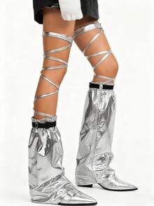 1 Pair Of Women's Warm Socks, Ring Silver Sparkling Strap Fashionable Warm Socks, Comfortable Mid Socks, College Style Knee And Calf Socks, Over Knee Long Socks, Music Festival Parties, Suitable For Various Daily Clothing - Silver - View 2