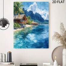 2D Flat Design, 1 Piece Of Tropical Bungalows Over Clear Water Abstract Canvas Art Print - Large Framed Wall Decoration, Suitable For Living Room, Bedroom, Hallway - Vibrant Aesthetic Home Design, Landscape Wall Art, Hallway Decoration, Dynamic Color Palette, High-Quality Printing, Perfect Room Decoration - Ideal Gift For Christmas, Halloween, Birthdays, Graduation, Back To School - Home Decoration For Hanging Anytime, Room Décor - 彩色 - 查看 1