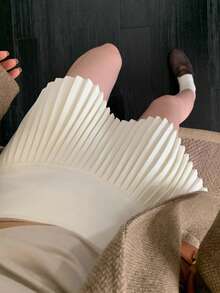 白色褶皱羊毛A字迷你裙，防闪光，百搭，女士，秋冬款