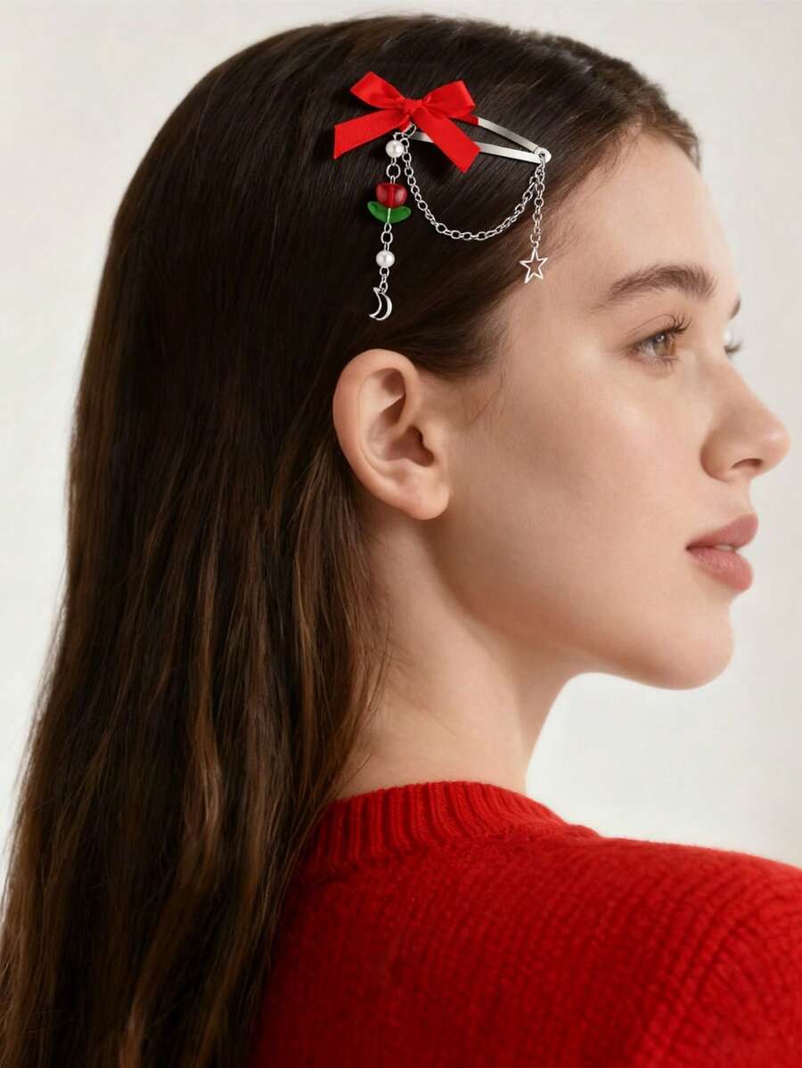 2 Peças Clipes de Cabelo Femininos Moda Y2K Fofos Vermelho BB, Laço, Estrela, Lua, Flor de Rosa, Pendente de Pérola, Adequado para Uso Diário, Festa e Combinação, Clipes de Garra, Presilhas de Cabelo, Acessórios de Cabelo, Glamour de Ano Novo