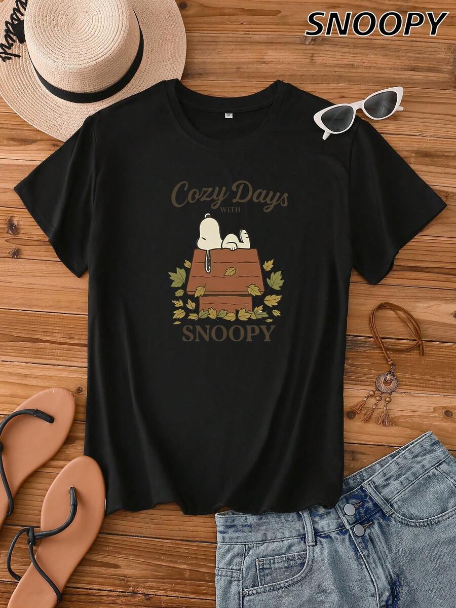 与共度的温馨时光 躺在家里 女士短袖针织简约基本款百搭圆领宽松休闲上衣T恤 - 黑色 - 查看 1