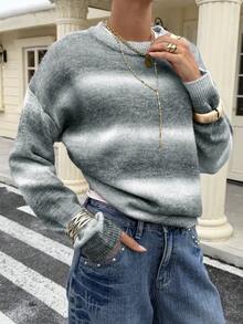 Live To Mo Women's Winter Sweater, Y2K Valentine's Day Outfit, Women's Casual Long Sleeve Knit Top - Cute Striped Blue Pullover, Essential For Daily Wear - Grey - View 2