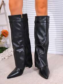 Vintage Rivet Tall Shaft Boots, French Style Women's Boots, Versatile Western Cowboy Boots, Suitable For Petite, Knee-High Boots - Black - View 4