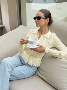 Áo khoác cardigan dệt kim lãng mạn FOR BEAUTY, Áo khoác len dài tay mới dành cho nữ, Áo cardigan dệt kim khoét lỗ có tua rua mùa xuân/hè, Áo khoác ngoài mùa xuân - Màu be - Xem 6