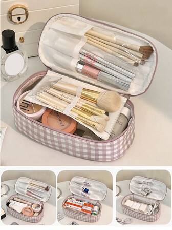 1个紫色网格收纳化妆包，大容量化妆品收纳袋，旅行收纳袋，卫生巾收纳袋，小杂物袋，钥匙包。它包含一个大容量化妆品收纳袋、一个口红袋和一个旅行洗漱包，方便收纳化妆品和旅行洗漱用品，是送给女性的礼物，也是圣诞礼物和女士礼品的理想之选。