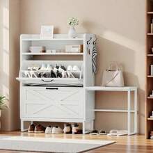 Zapatero estrecho | Estilo rústico con 2 cajones abatibles | Capacidad para 16 pares de zapatos | Organizador de zapatos estrecho para entrada, pasillo y sala de estar (Blanco) - Blanco - Ver 6