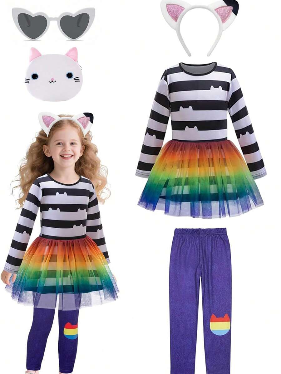 嘉年华复活节可爱猫咪服装,女孩生日派对服装 - 黑與白 - 查看 1