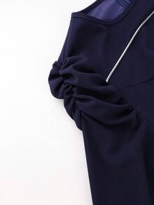 Plus Size Women's Navy A-Line Dress Round Neck Long Sleeve With Gold Button Work Business - 藏蓝色 - 查看 10