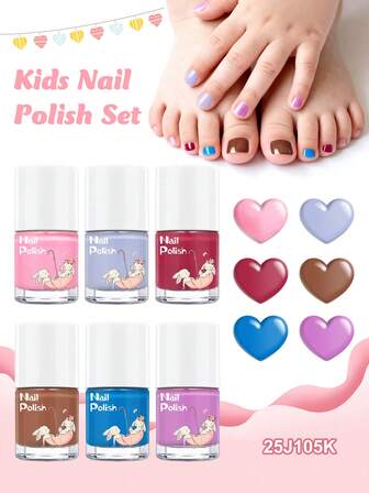 4色/6色儿童指甲油套装，水性快干可卸彩色马卡龙闪粉裸色亮泽指甲油，纯色闪粉糖果色美甲DIY沙龙生日礼物配件