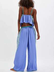 Women's Pajama Sets Lace Patchwork Spaghetti Strap Ruffled Cami Tops With Loose Pants Set Satin Silk Pj Set - 藍色 - 查看 3