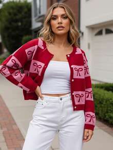 Women Valentine Cardigan Heart/Bow Crewneck Long Sleeve Button-Up Knitted Sweater For Winter Fall Spring - Red - View 4