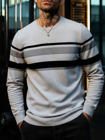 Fractyr Fractyr Jersey básico de cuello redondo para hombre, jersey de punto a rayas jacquard para otoño/invierno