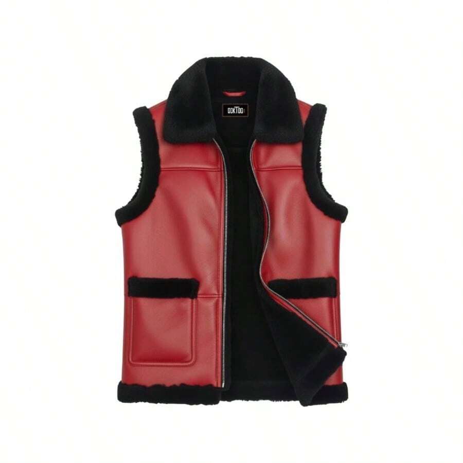 - Chaleco de piel de oveja autntica para hombre, chamarra de invierno con forro de piel de oveja sinttica, traje de Navidad y regalo para l - 6XL + Chaleco de piel rojo con piel sintética negra - Ver 1