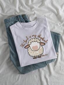 复活节主是我的牧羊人刺绣图案 T 恤，羊字母刺绣图案，女士纯色圆领短袖休闲夏季 T 恤