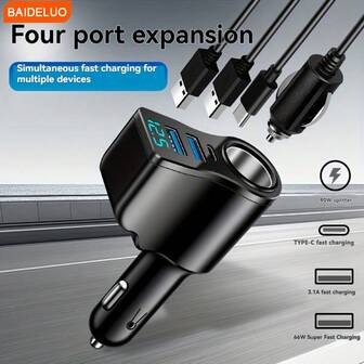 1个黑色四合一USB+C车载充电器，多功能USB车载适配器，带2个USB接口的插座分配器，12V/24V双USB+Type-C PD快充车载充电器适配器，适用于各种手机充电