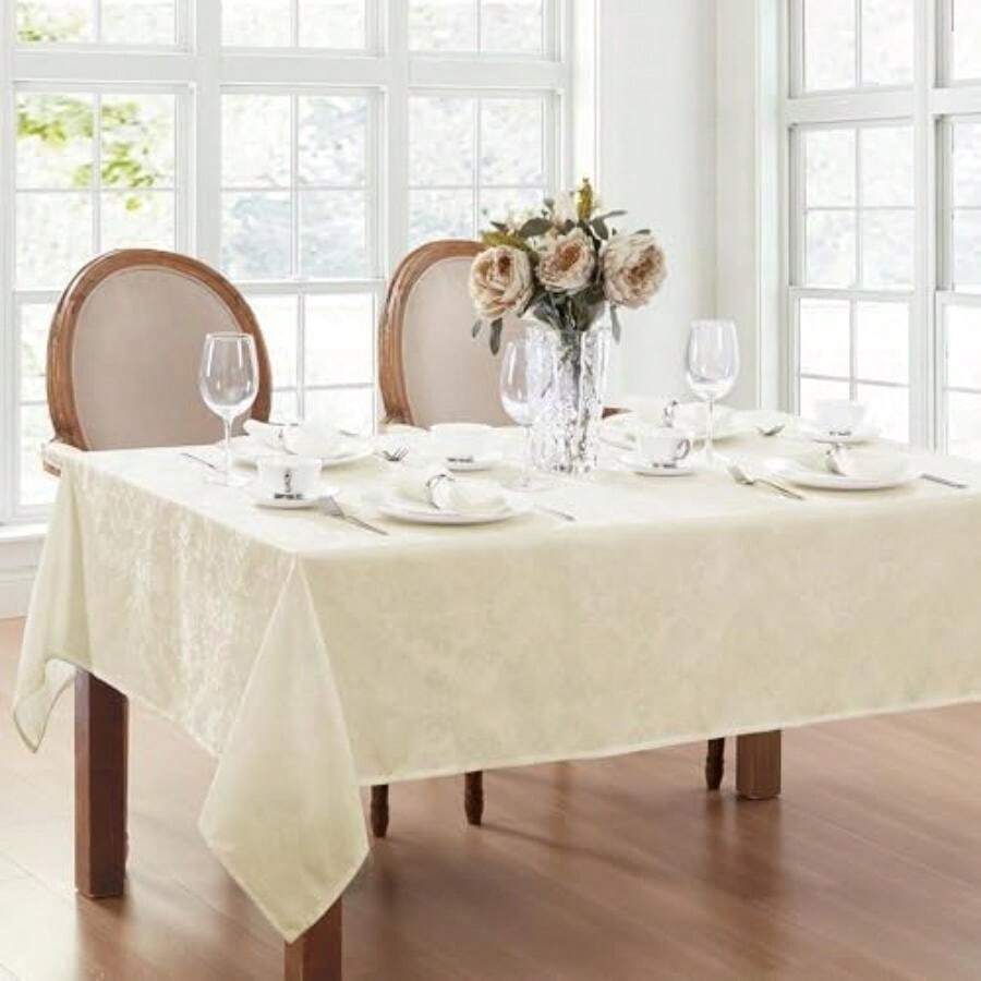 Home Fashions Caiden Elegance - Mantel de Tela de Damasco Impermeable, Resistente a Las Manchas y Las Arrugas, 60 x 144 Pulgadas, Rectangular/Rectangular, Gris Pardo(132.1 x 132.1 cm (Cuadrado) Marfil) - Multicolor - Ver 1