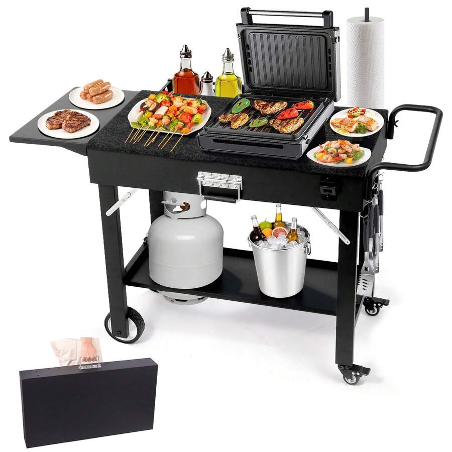 Grill Cart For Blackstone Griddle, Outdoor Portable Folding Table With Wheels For 17" & 22" Griddles, BBQ Prep Table With Storage - 黑色 - 查看 1