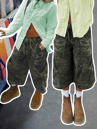 Retro Camouflage Workwear Wide Leg Jeans For Men And Women, Casual Three-Dimensional Large Pocket Seven Quarter Straight Leg Pants