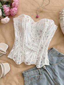 European And American Young Vacation Sexy Avant-Garde Off-The-Shoulder Lace Double-Layer Fitted Corset Bustier Top, INS White Hollow Embroidered Shapewear, Ate Night Outfits Women Tops For Going Out, Wedding Guest Dress Women Fall Women Clothes,Sexy Top - trắng - Xem 6