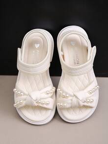 1双女童时尚珍珠装饰平底公主凉鞋，减震防滑露趾户外沙滩鞋，适合夏季穿着 - 白色 - 查看 4