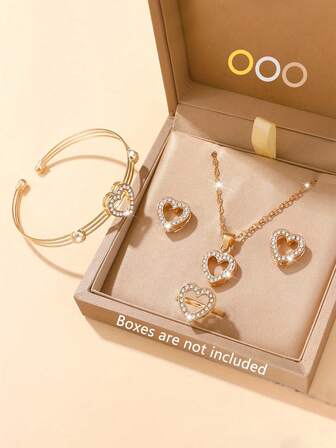 5pcs Heart-Shaped Alloy Diamond Jewelry Set, Including Necklaces, Bracelets, Rings, Earrings, Suitable For Girls To Wear, Simple And Elegant Design, Suitable For Daily Wear Or Gift Giving, Thanksgiving, Back To School, Graduation Season