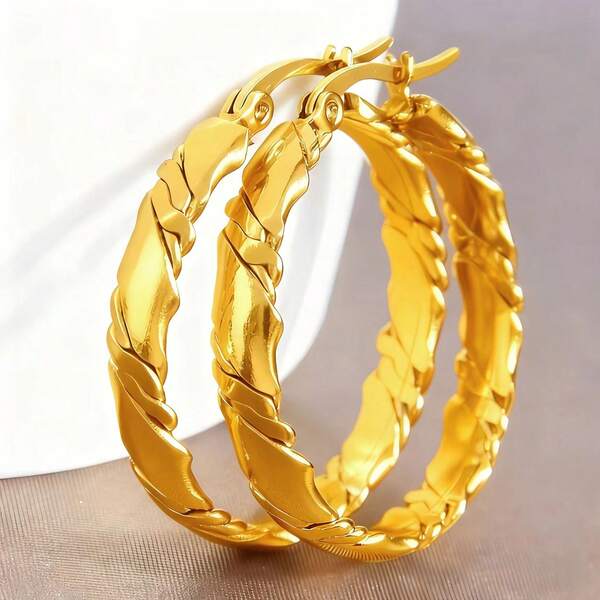 1 คู่ ต่างหูสเตนเลสสตีลแฟชั่นแบบถักหลายชั้น, ต่างหูคุณภาพสูงหรูหราไม่ซีดจาง, เหมาะสำหรับสวมใส่ในชีวิตประจำวันของผู้หญิง