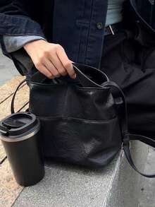 韓式女款柔軟皮革手提包，休閒通勤托特包，適合日常出遊、購物，時尚質感單肩斜背包 - 黑色 - 查看 2