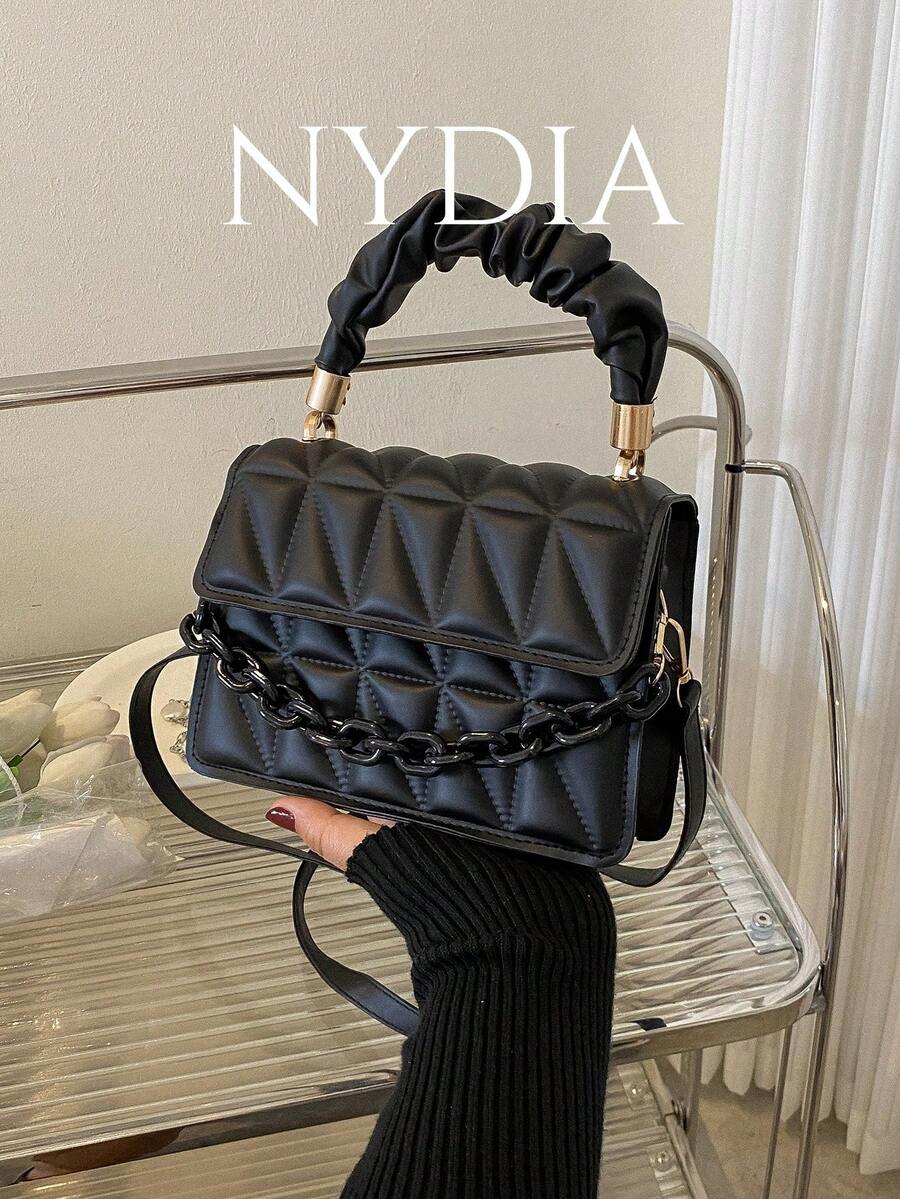 Lightweight,Business Casual Mini Chain Decor Ruched Top Handle Quilted Flap Square Bag For Teen Girls Women College Students,Rookies & White-collar Workers Perfect for Office,College,Work ,Business,Commute,Outdoors, Travel, Outings - Black - View 1