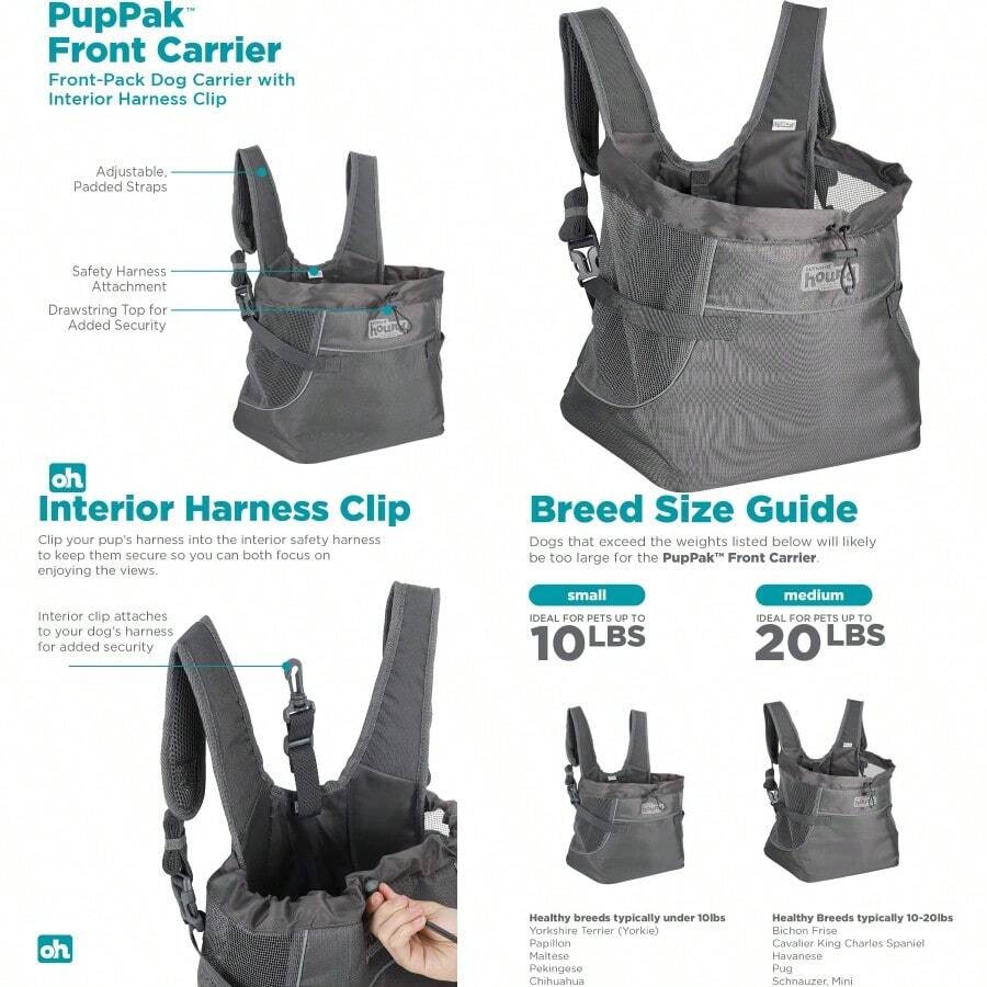 PZW Outward Hound PupPak - Transportador Frontal Para Perro Mediano Gris Mochila Para Mascotas Pequeñas De Hasta 20 Libras Correas Acolchadas Malla Transpirable Resistente Al Agua Clip De Seguridad7402 - 前置式嬰兒背帶,灰色,中號 - 查看 1