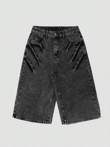 Y2K 复古水洗猫须口袋阔腿百慕大牛仔短裤，休闲七分裤，Y2K 音乐节 - 煙黑色 - 查看 4