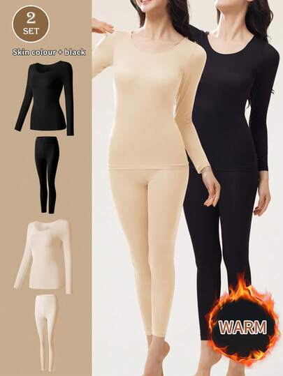2 piezas Conjunto de ropa interior térmica ultradelgada y sin costuras para mujer - Camiseta de cuello redondo de manga larga suave y cómoda, Mallas térmicas ajustadas y acogedoras, Adecuado como ropa interior y de dormir, Tela de alta calidad, Ligero y transpirable, Ideal para usar en capas.